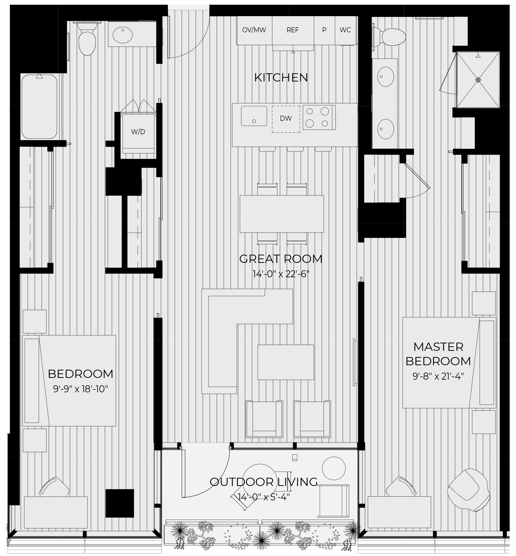 Floor plan for 2 beds, 2 baths, 1242 sqft